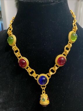 STUNNING Matte Gold Multi-Color Cabochon Necklace with Pendant